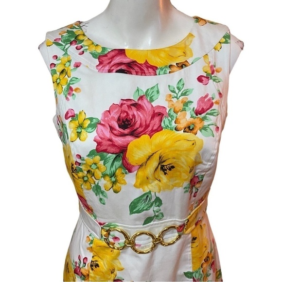 Charter Club Floral Dress Yellow Red White Floral Gold Accent Sz 4 - Picture 1 of 8
